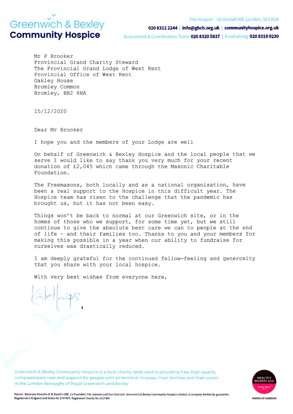 Greenwich & Bexley Community Hospice Thank you letter West Kent Masons